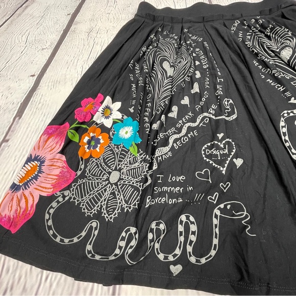 DESIGUAL black pleated lightweight skirt fun doodles floral, size S - Picture 8 of 14
